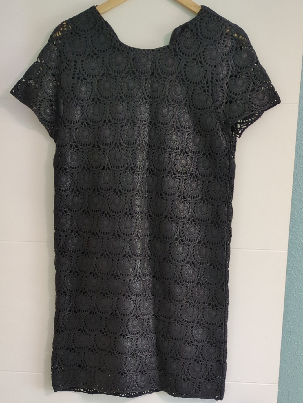 COS Black Crochet Women's Elegant Shift Short Cap Sleeve Mini Cocktail Dress S